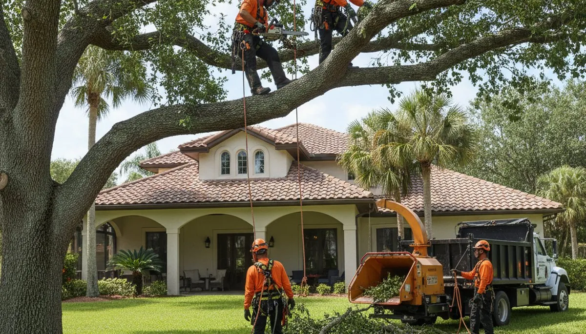 Tree service crew in New Port Richey, FL trimming and removing trees for a safe property landscape
